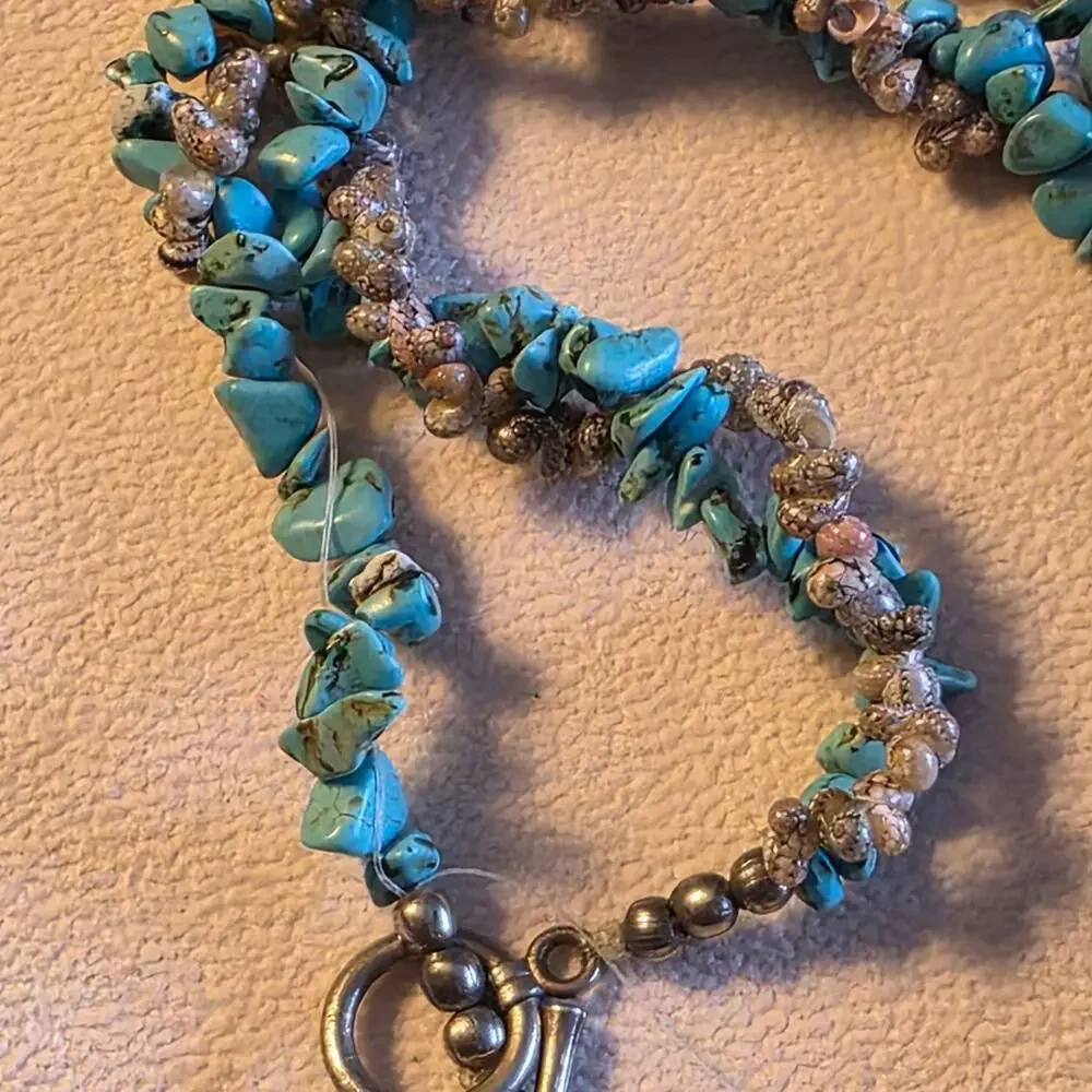 Abalone Pendant Snail Shell & Turquoise Stone Necklace w/  Boho 213 - Picture 5 of 9